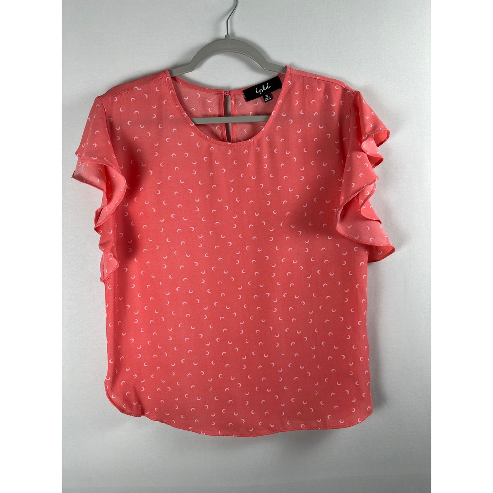 Lipslide Blouse Womens S Coral Pink Moon Print Ruffle Sleeve Boho Celestial